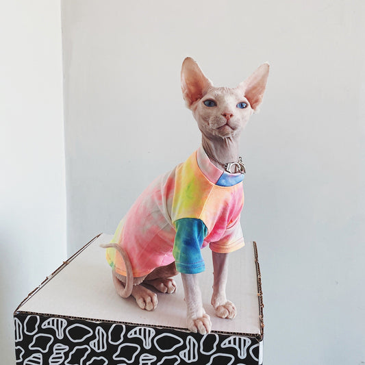 KFX-9012029 Casual Tie-Dye Rainbow Vest for Hairless Cats - Cotton Pet Clothes