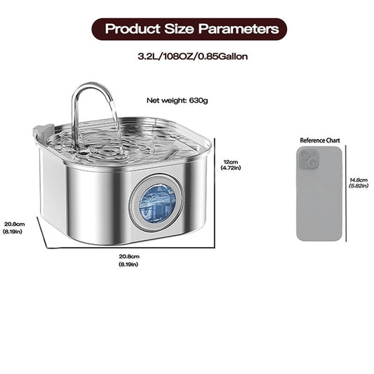 KFX-9012285 Stainless Steel Cat Water Fountain, 108oz Automatic Pet Drinking Dispenser with Quadruple Filtration System