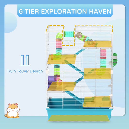 KFX-9015869 Six-Tier Dwarf Hamster Cage with Tubes, Tunnels, Hut, Wheel, Food Dish, Water Bottle, and Ramps - Light Blue