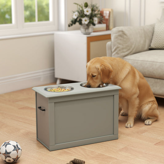 KFX-9023933 Gray Raised Pet Feeding Station with 2 Stainless Steel Bowls and Hidden Storage for Large Dogs