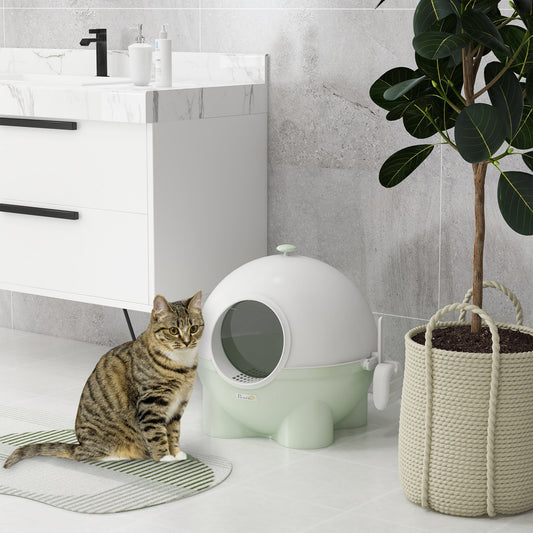 KFX-9056189 Large Hooded Cat Litter Box with Lid, Scoop, Leaking Sand Pedal, Top Handle - Light Green