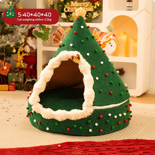 KFX-9066301 Cozy Christmas Tree Cat Nest in Soft PP Cotton - Available in S, M, L Sizes