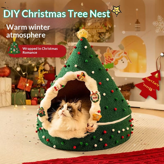 KFX-9066301 Cozy Christmas Tree Cat Nest in Soft PP Cotton - Available in S, M, L Sizes