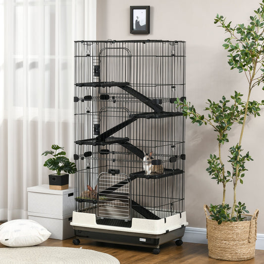 KFX-9075645 6-Level Small Animal Cage with Wheels and Slide-out Tray for Rabbits, Chinchillas, and Ferrets - 32L, Black
