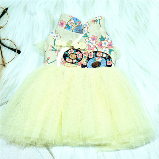 KFX-9080125 Retro Chinese Style Dog Dress in Gilding Cotton - Green Oil Umbrella & Beige Oil Umbrella Options