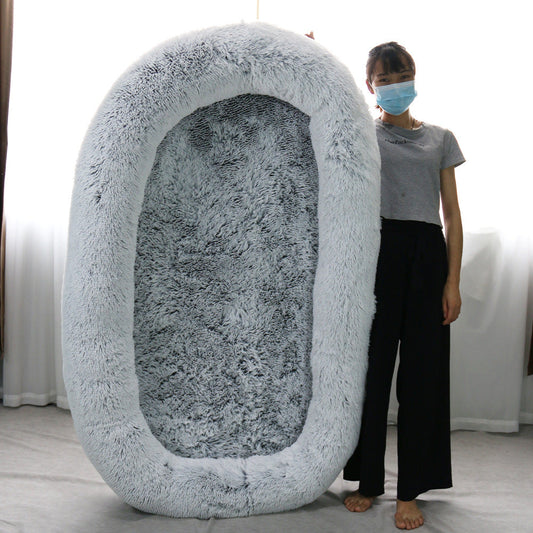 KFX-9108797 Plush Grey Round Dog Bed with Warm Sponge Filling - Cozy Pet Nest for Winter