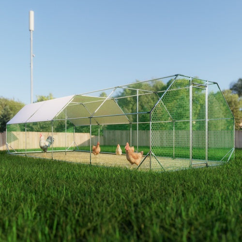 KFX-9139133 Large Metal Walk-In Chicken Coop Cage - 9.94 ft x 25.68 ft Poultry Run with Waterproof Tarp and Lockable Doors