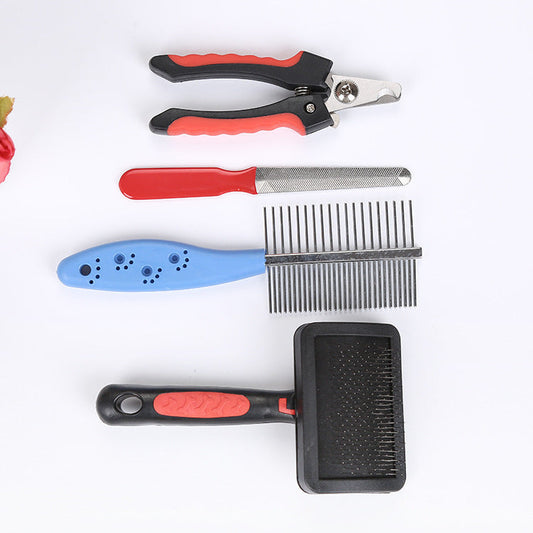 KFX-9154621 4-Piece Cat and Dog Grooming Set with Double-Sided Long Needle Comb and Nail Clippers