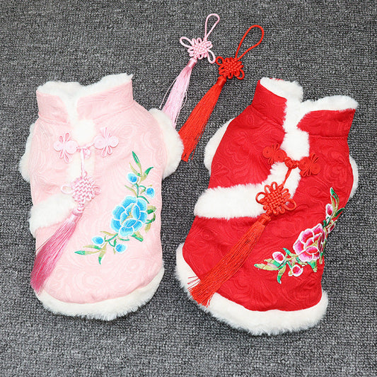 KFX-9186365 Teddy Corgi Hanfu Cat Costume with Jacquard Fabric and Rabbit Fur Trim