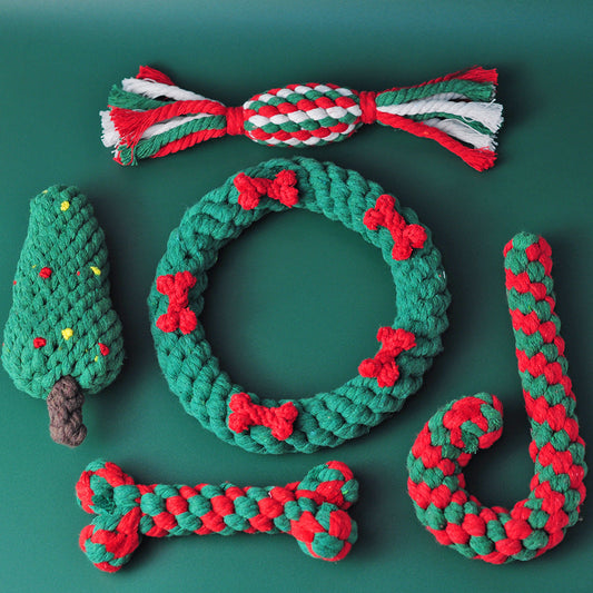 KFX-9203901 Cotton Rope Knot Toy for Dogs and Cats - Christmas Tree Design, Durable and Safe for Chewing