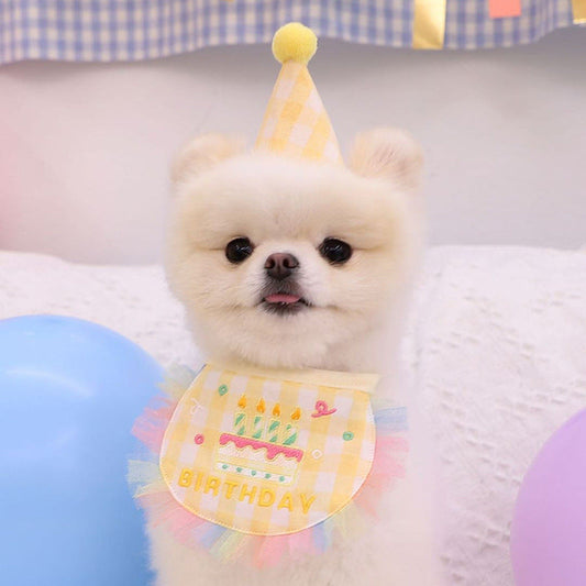 KFX-9216189 Dog Birthday Bib and Adjustable Hat Set in Yellow for Pet Celebrations