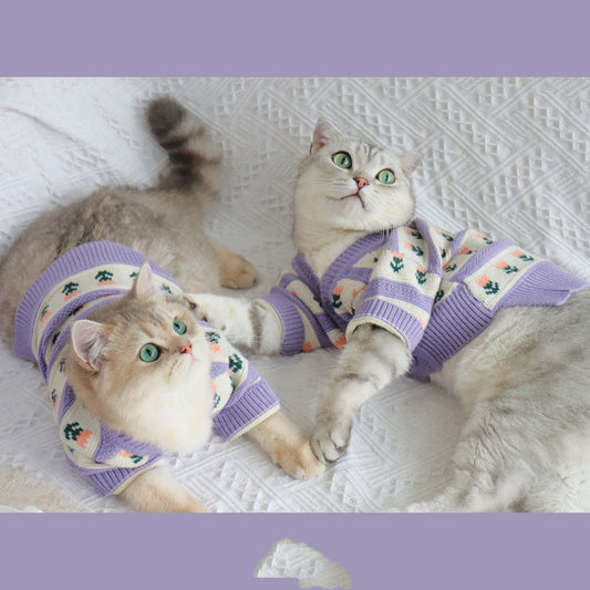 KFX-9228093 Retro Purple Flower Knitted Sweater for Pets - Autumn and Winter Fashion