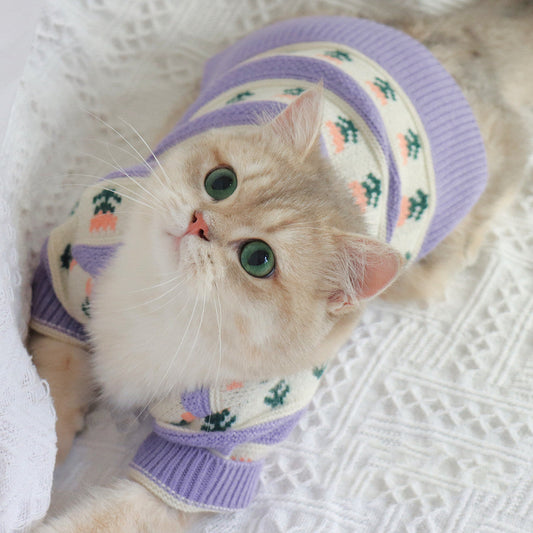 KFX-9228093 Retro Purple Flower Knitted Sweater for Pets - Autumn and Winter Fashion