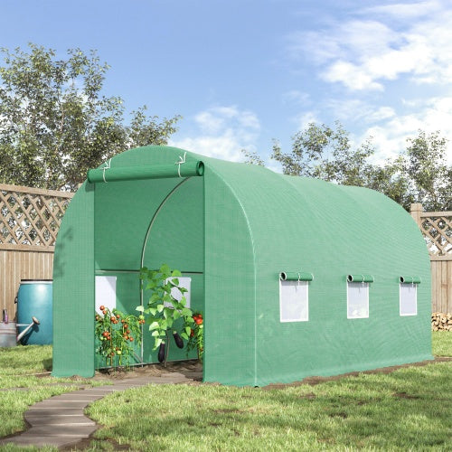 KFX-9239485 Walk-in Tunnel Greenhouse 15' x 6' x 7' with Roll-Up Door and Ventilation Windows, Green