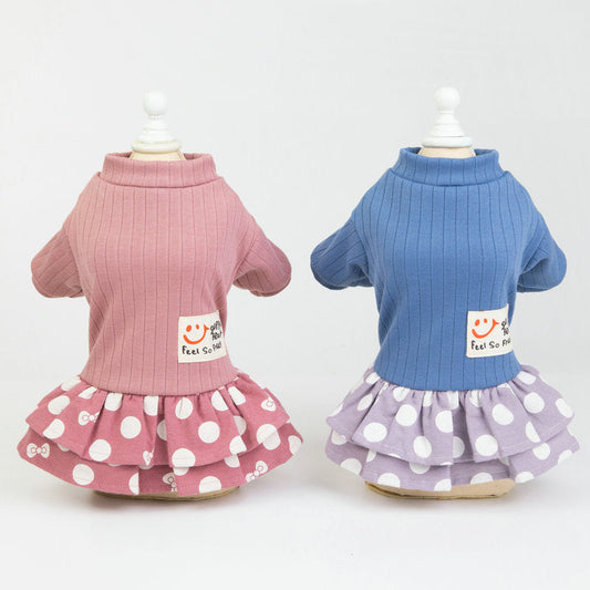 KFX-9242173 Cute Smiley Polka Dot Cotton Pet Dress for Female Dogs in Blue and Pink