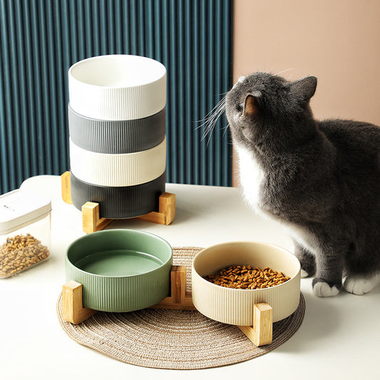 KFX-9247421 Ceramic Anti-Tumble Pet Bowl with Wooden Frame - Multiple Colors Available