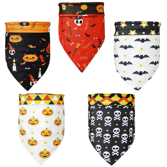 KFX-9287485 Halloween Dog Scarf with Cartoon Pumpkin and Bat Patterns - Triangular Polyester Bib