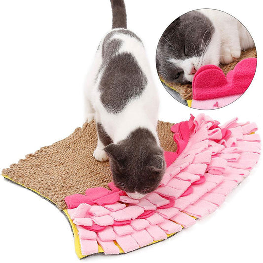 KFX-9307965 Natural Jute Cat Mat Blanket with Polar Fleece Sniffing Toy - Pink & Yellow