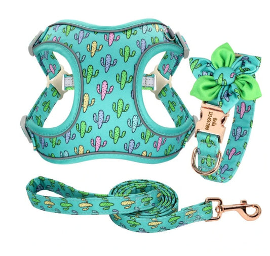 KFX-9321917 Small Dog Vest with Collar, Strap, and Chain - Adjustable Polyester in Cactus Print