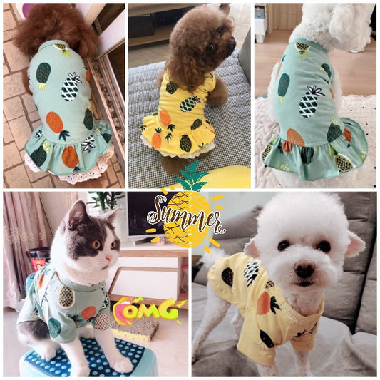 KFX-9336509 Summer Cotton Pet Skirt and T-Shirt Set for Small Dogs and Cats in Pineapple Designs