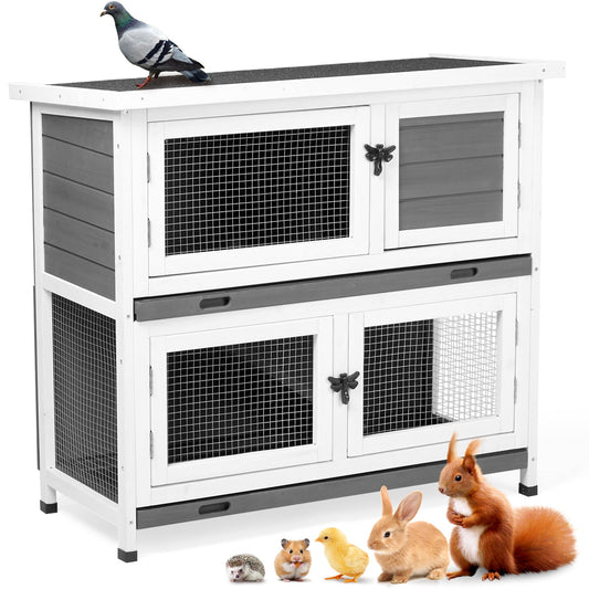 KFX-9337789 2-Story Rabbit Hutch with Tray, Weather-Resistant Grey Cedar Housing for Small Pets