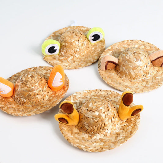 KFX-9338941 Pet Summer Straw Hat With Cute Frog and Antler Designs