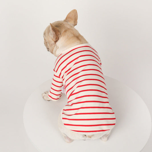 KFX-9339709 Striped Cotton V-Neck Pet Shirt for Dogs - Cozy Leisurewear in Red and Black, Multiple Sizes Available