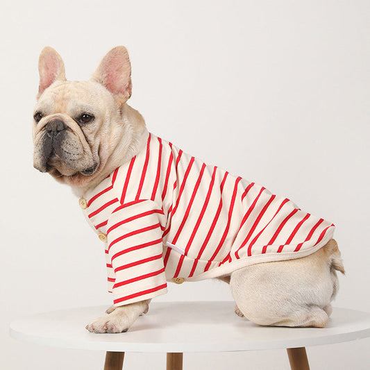 KFX-9339709 Striped Cotton V-Neck Pet Shirt for Dogs - Cozy Leisurewear in Red and Black, Multiple Sizes Available