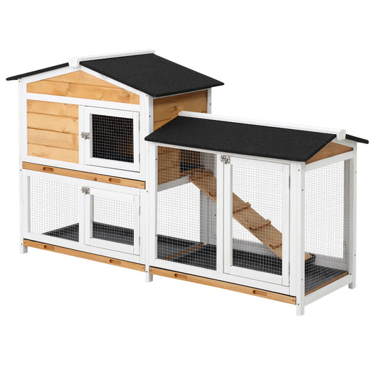 KFX-9370557 2-Story Wooden Rabbit House with Ramp and Weatherproof Roof for Indoor/Outdoor Use