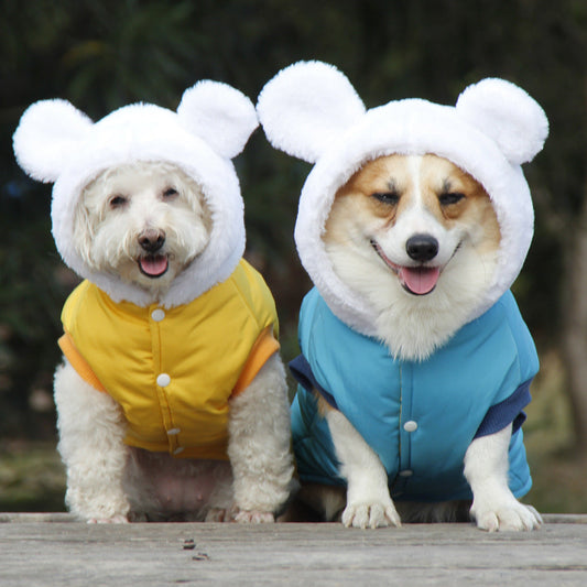 KFX-9379005 Cozy Winter Hooded Pet Clothes for Dogs - Fashionable and Warm Cotton Outfit in Blue and Yellow