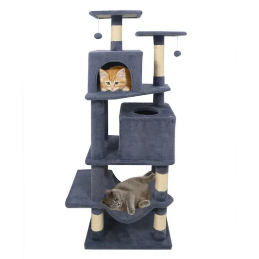 KFX-9387837 Multi-Level Cat Tree with 2 Condos and Hammock for Multi-Cat Households, Gray Finish with Sisal Scratching Posts