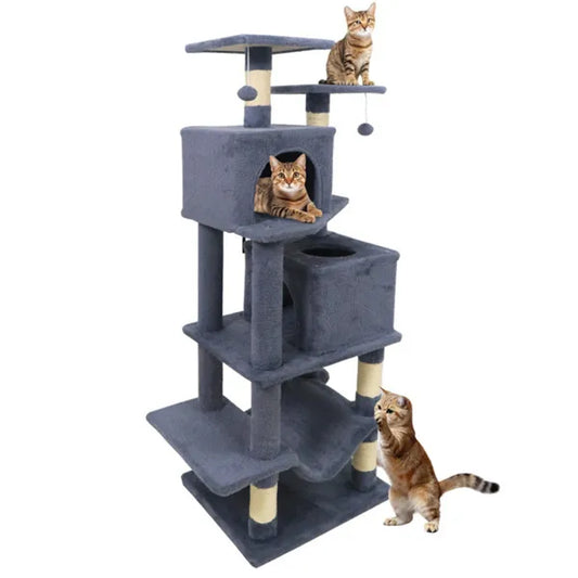 KFX-9387837 Multi-Level Cat Tree with 2 Condos and Hammock for Multi-Cat Households, Gray Finish with Sisal Scratching Posts