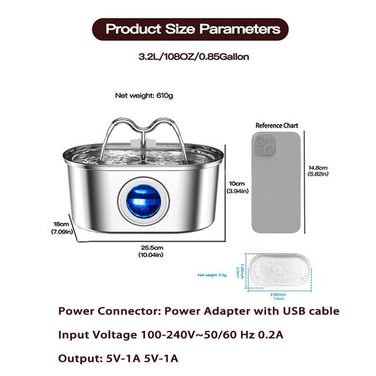 KFX-9405501 Stainless Steel 3.2L Automatic Pet Water Fountain with Dual Outlets and 4 Filters