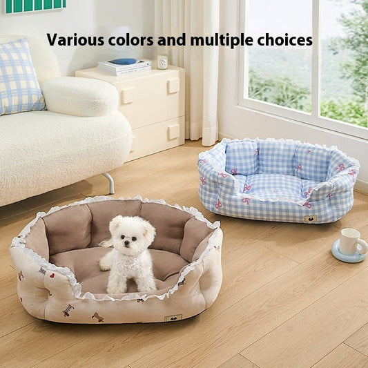 KFX-9406269 Semi-Enclosed Pet Bed for Small Dogs in Blue Plaid and Brown – All Seasons Available, Multiple Sizes