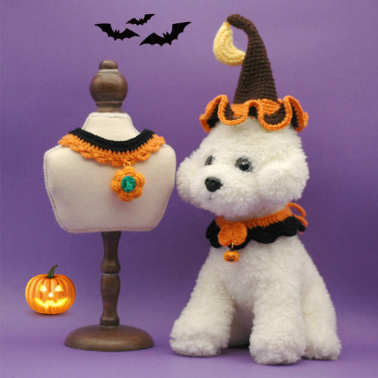 KFX-9407421 Hand Crocheted Adjustable Pet Collar for Halloween - Silent & Bell Pumpkin Designs
