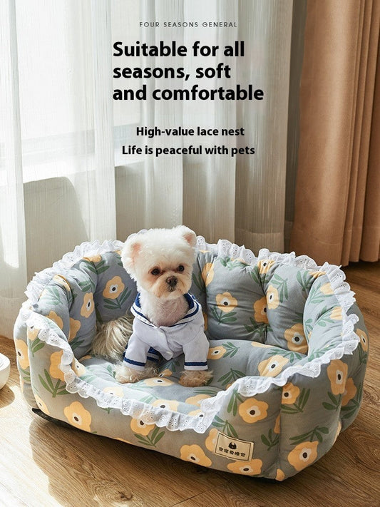 KFX-9415229 Warm Removable and Washable Dog Sofa in Gray Floral, Yellow Forest, and Cream Plaid Options
