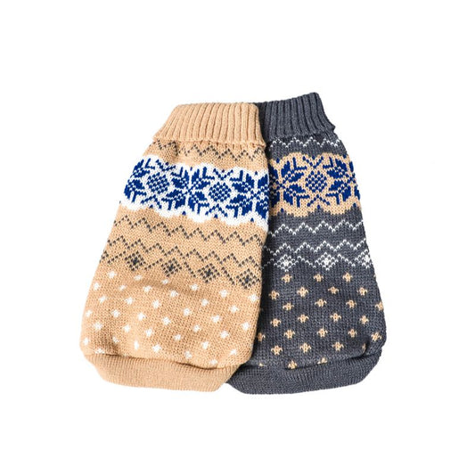 KFX-9424701 Cozy Stretch Snowflake Pet Sweater for Cats and Dogs in Haze Gray and Beige