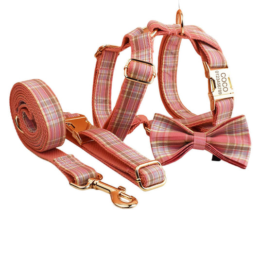 KFX-9428157 Plaid Pet Collar and Leash Set with Bow - Four-Piece Accessory Bundle for Dogs