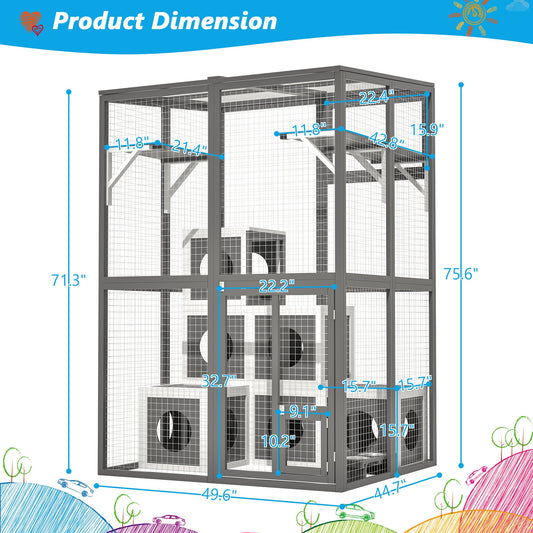 KFX-9430333 Large Outdoor Wooden Cat Catio with Dual Jumping Platforms and Multiple Napping Houses, Weatherproof Walk-in Cat Shelter