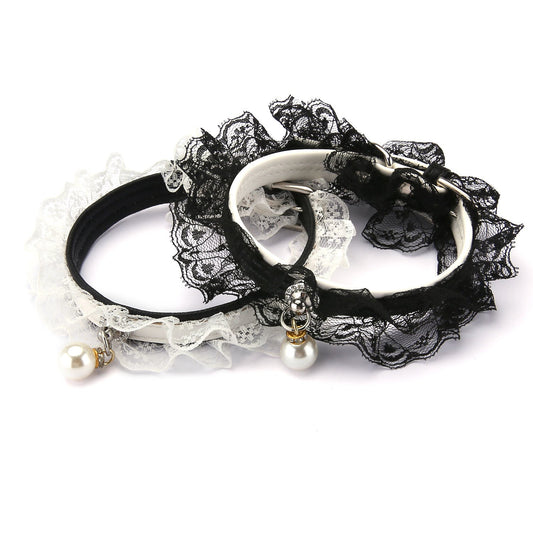 KFX-9434685 Monochrome Black and White Lace Cat Collar with Bell, Princess Style, One Size (Neck 25-32cm)