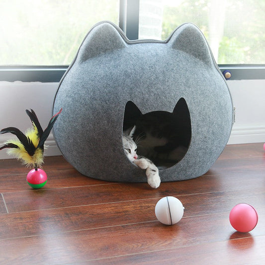 KFX-9436477 Enclosed Cat House with Litter Space - Soft Felt Design in Gray, Pink, Brown