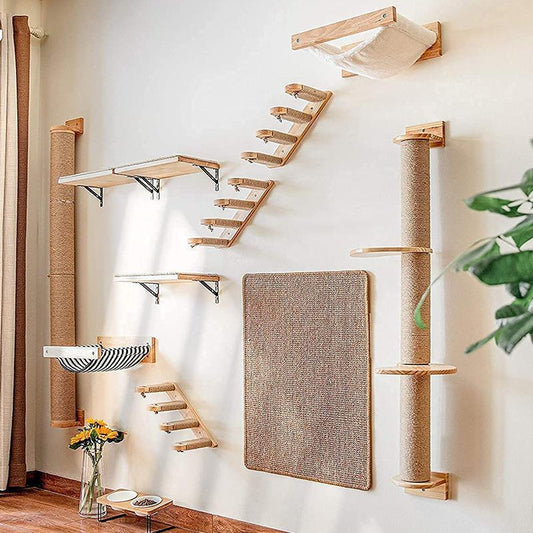 KFX-9474621 Wooden Cat Climbing Frame with Flax Cordage Wall Jumping Platform
