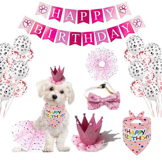 KFX-9478333 Pet Birthday Party Decoration Set with Cartoon Design - Includes Saliva Towel, Balloons, Hat, Bow Tie, and Skirt
