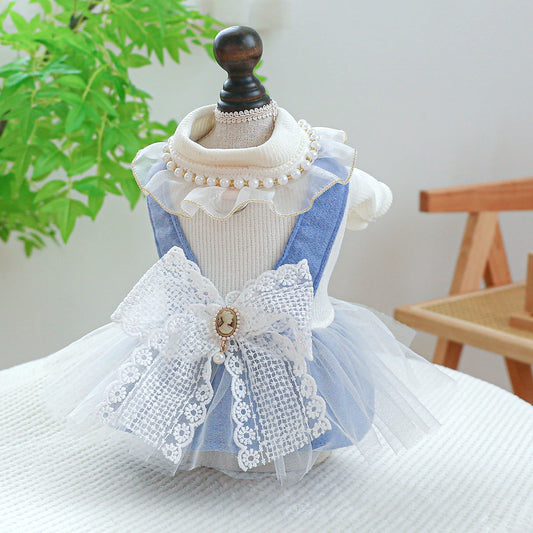 KFX-9481277 Pet Dress with Pearl Lace for Dogs and Cats - Stylish Casual Clothing in Various Sizes
