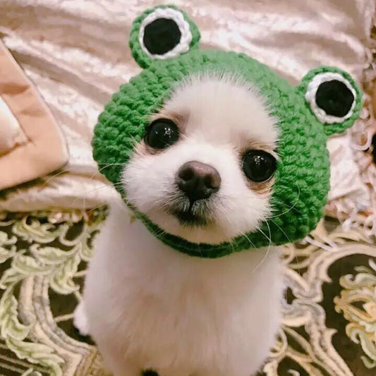 KFX-9502781 Knitted Wool Pet Hat - Cartoon Frog Headdress for Pets, Sizes S & M
