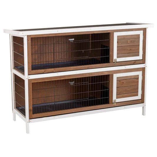 KFX-9507389 Brown Wooden Two-Level Rabbit Hutch with Asphalt Roof for Small Animals and Outdoor Use