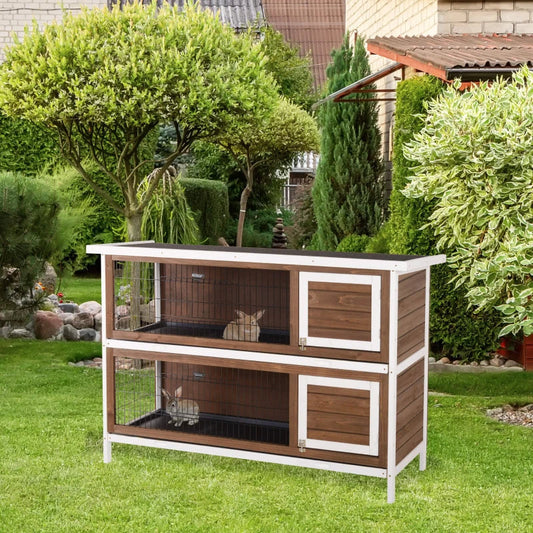 KFX-9507389 Brown Wooden Two-Level Rabbit Hutch with Asphalt Roof for Small Animals and Outdoor Use