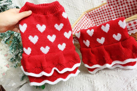 KFX-9517245 Warm Red Heart Cake Princess Dress for Small Dogs - Festive Sweater for New Year Celebrations