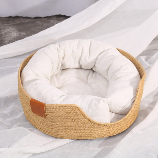 KFX-9546301 Hand-Woven Rattan Cat Nest with Scratching Board - Versatile Pet Bed for Cats and Small Dogs, Multi-Season Use