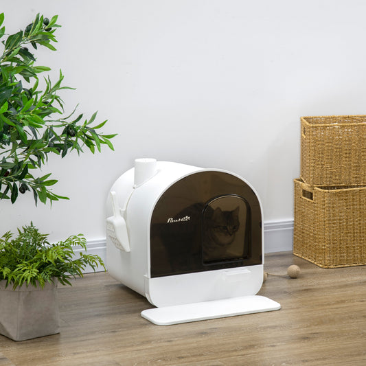 KFX-9547709 White Hooded Cat Litter Box with Scoop, Filter, and Removable Tray